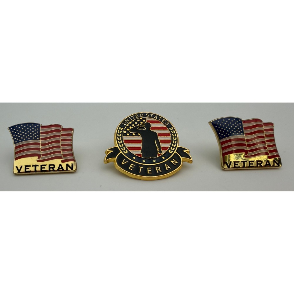 United States Veteran Lapel Pin Set 3pc American Flag Saluting Soldier Enamel